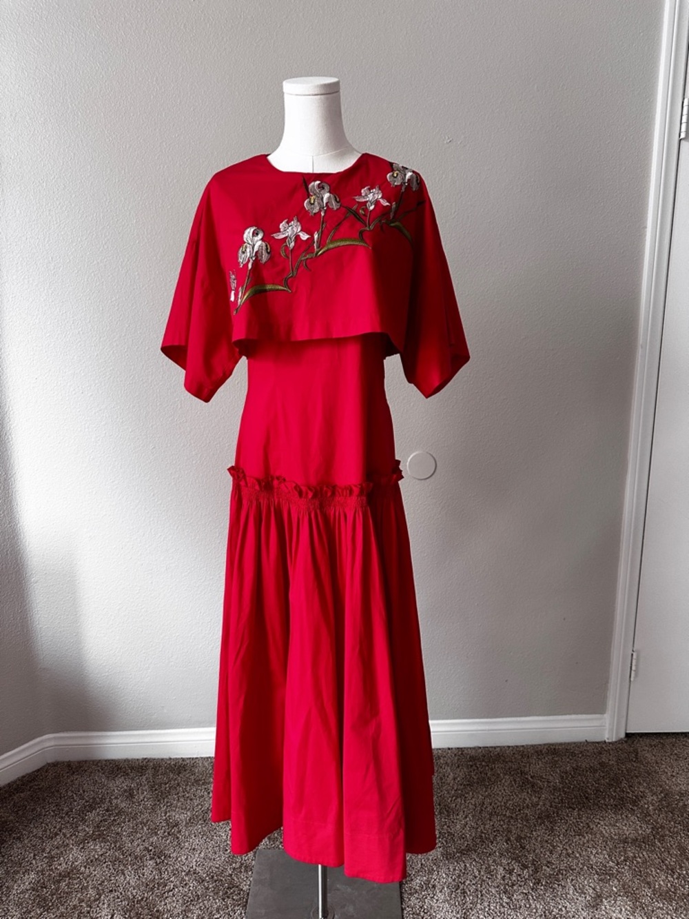 Vivetta Red Embroidered Maxi Dress with Floral Appliqué